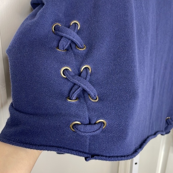 aerie Oversized Crew Neck Distressed Sweatshirt Navy Blue - Picture 2 of 8